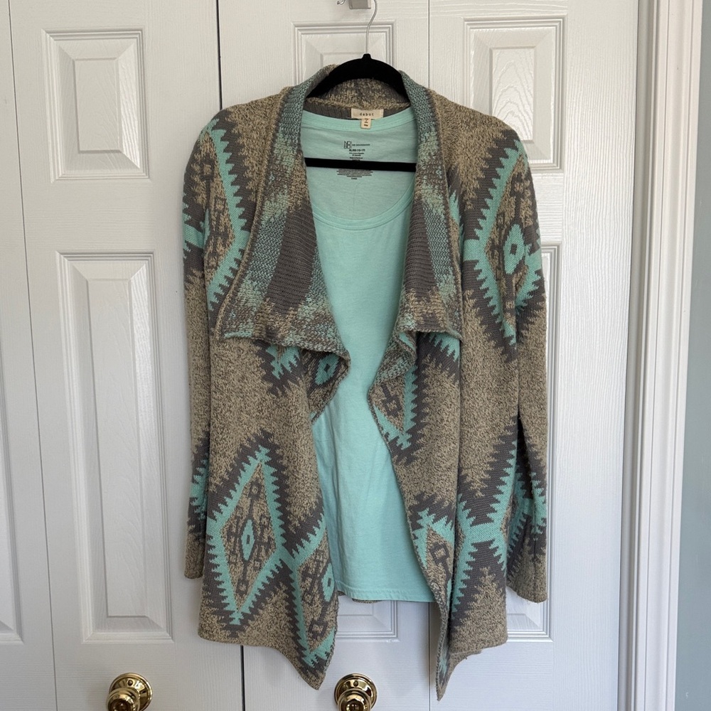 Aztec Patterned Gray and Teal Sweater and long sleeved T-shirt.